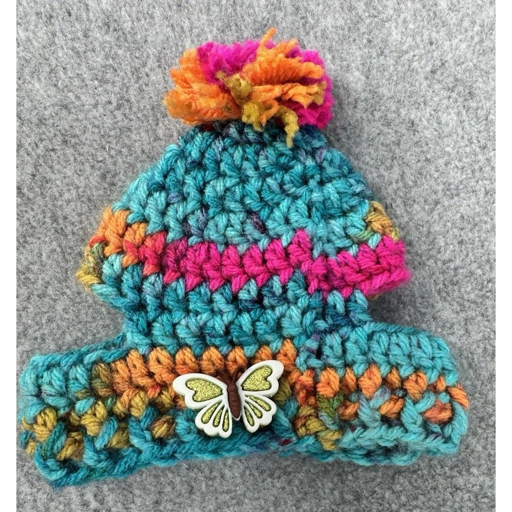 Dog Sweater & Hat Set Small Teal Multicolor‎ Handmade Crochet Pom Pom Puppy